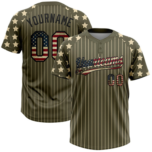 Maxcorners Custom Olive Cream Pinstripe Vintage USA Flag-Black Salute To Service Star Raglan Sleeves Two-Button Unisex Softball Jersey LM2605