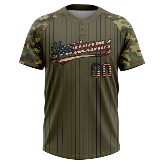 Maxcorners Custom Olive Black Pinstripe Vintage USA Flag Salute To Service Camo Raglan Sleeves Two-Button Unisex Softball Jersey LM2605