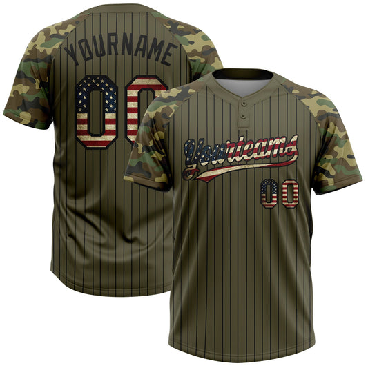 Maxcorners Custom Olive Black Pinstripe Vintage USA Flag Salute To Service Camo Raglan Sleeves Two-Button Unisex Softball Jersey LM2605