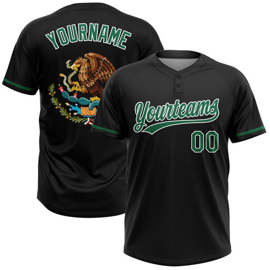 Maxcorners Custom Black Kelly Green-White Mexico Two-Button Unisex Softball Jersey LM2605