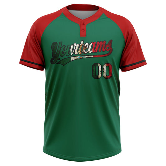Maxcorners Custom Kelly Green Vintage Mexican Flag Red-Black Mexico Two-Button Unisex Softball Jersey LM2605