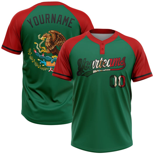 Maxcorners Custom Kelly Green Vintage Mexican Flag Red-Black Mexico Two-Button Unisex Softball Jersey LM2605