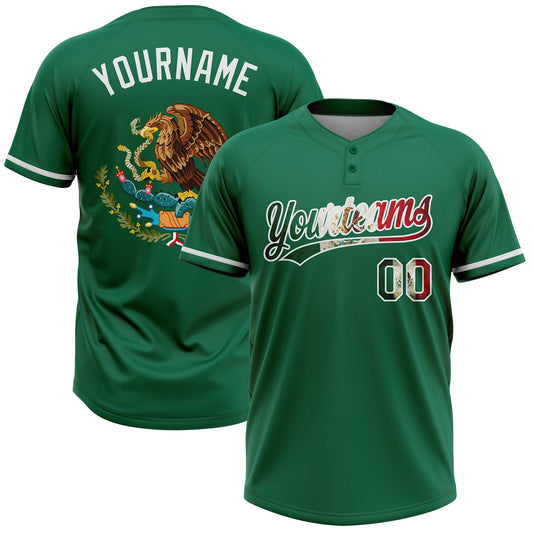 Maxcorners Custom Kelly Green Vintage Mexican Flag-White Mexico Two-Button Unisex Softball Jersey LM2605