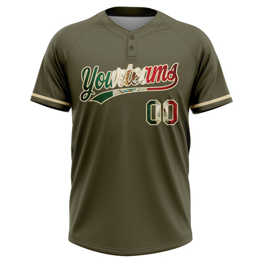 Maxcorners Custom Olive Vintage Mexican Flag-Cream Mexico Performance Salute To Service Two-Button Unisex Softball Jersey LM2605