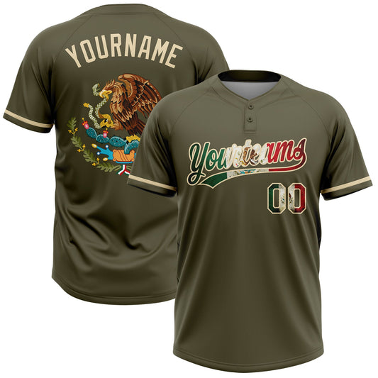 Maxcorners Custom Olive Vintage Mexican Flag-Cream Mexico Performance Salute To Service Two-Button Unisex Softball Jersey LM2605