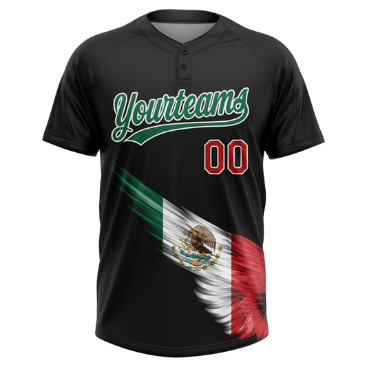 Maxcorners Custom Black Kelly Green Red-White The Abstract Wing With Mexican Flag Two-Button Unisex Softball Jersey LM2605