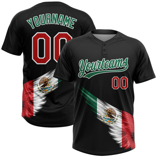 Maxcorners Custom Black Kelly Green Red-White The Abstract Wing With Mexican Flag Two-Button Unisex Softball Jersey LM2605