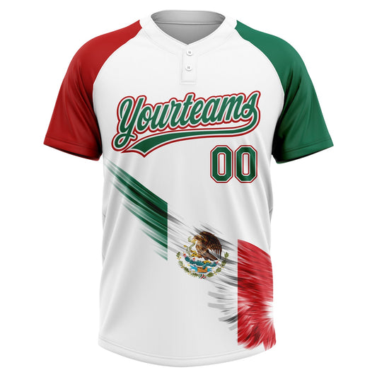 Maxcorners Custom White Kelly Green-Red The Abstract Wing With Mexican Flag Two-Button Unisex Softball Jersey LM2605