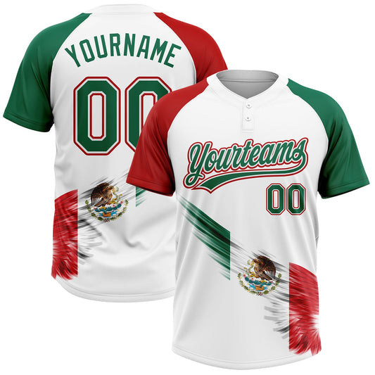 Maxcorners Custom White Kelly Green-Red The Abstract Wing With Mexican Flag Two-Button Unisex Softball Jersey LM2605