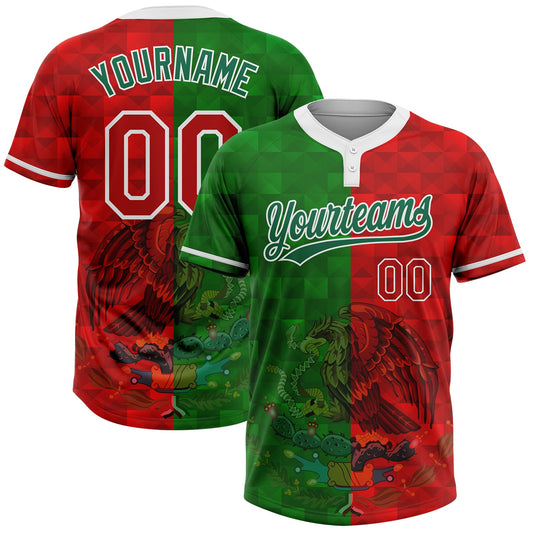 Maxcorners Custom Red Kelly Green-White Mexico Two-Button Unisex Softball Jersey LM2605