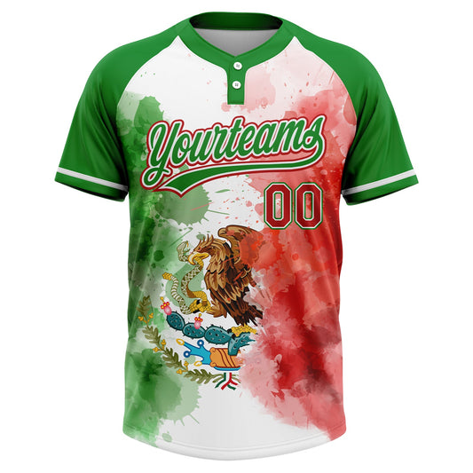 Maxcorners Custom Grass Green Red-White Mexico Two-Button Unisex Softball Jersey LM2605