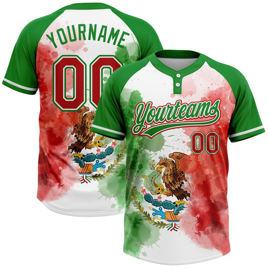 Maxcorners Custom Grass Green Red-White Mexico Two-Button Unisex Softball Jersey LM2605
