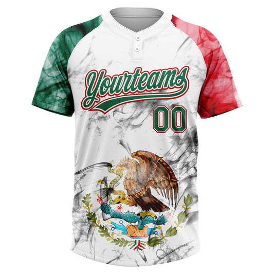 Maxcorners Custom White Kelly Green-Red Mexico Two-Button Unisex Softball Jersey LM2605