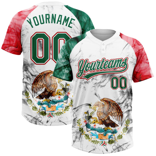 Maxcorners Custom White Kelly Green-Red Mexico Two-Button Unisex Softball Jersey LM2605