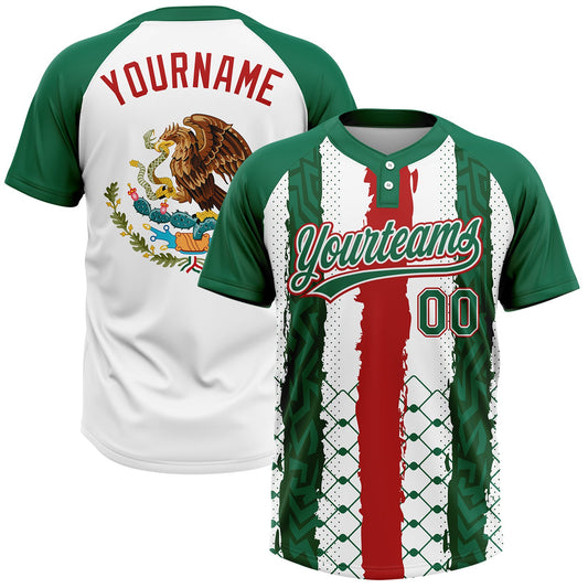 Maxcorners Custom Kelly Green Red-White Mexico Two-Button Unisex Softball Jersey LM2605