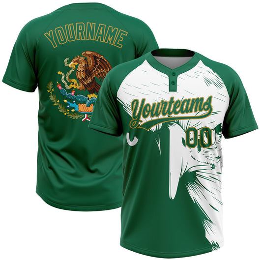 Maxcorners Custom Kelly Green Old Gold-White Mexico Two-Button Unisex Softball Jersey LM2605