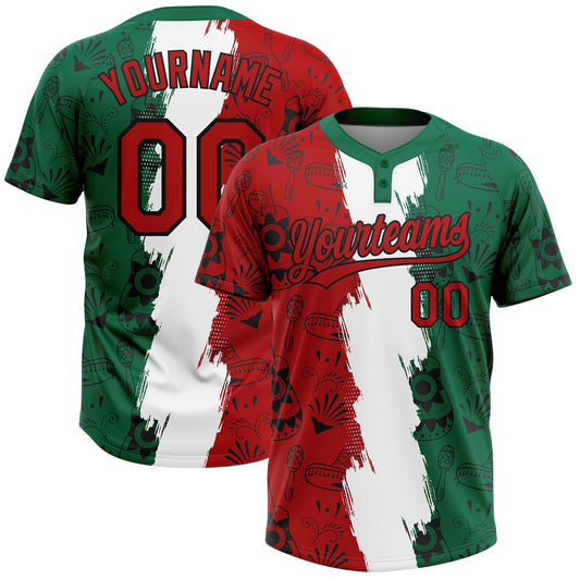 Maxcorners Custom Kelly Green Red Black-White Mexico Two-Button Unisex Softball Jersey LM2605