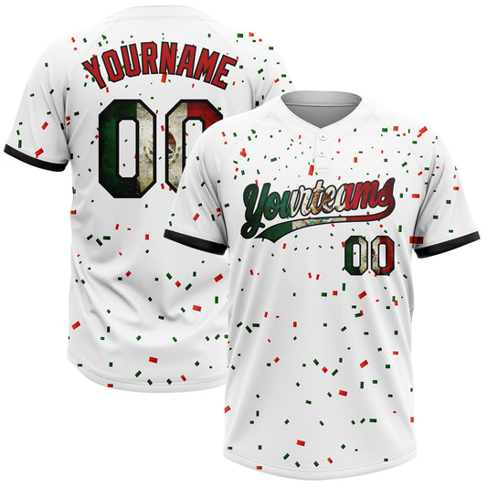 Maxcorners Custom White Vintage Mexican Flag Red-Black Mexico Two-Button Unisex Softball Jersey LM2605
