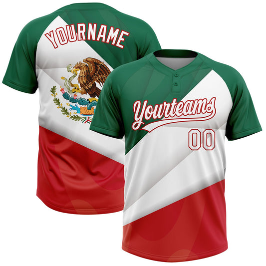 Maxcorners Custom Kelly Green White-Red Mexico Two-Button Unisex Softball Jersey LM2605