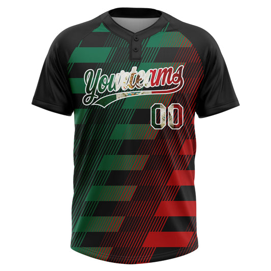 Maxcorners Custom Black Vintage Mexican Flag Kelly Green Red-White Mexico Two-Button Unisex Softball Jersey LM2605
