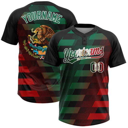Maxcorners Custom Black Vintage Mexican Flag Kelly Green Red-White Mexico Two-Button Unisex Softball Jersey LM2605