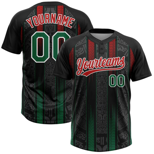 Maxcorners Custom Black Kelly Green Red-White Mexico Two-Button Unisex Softball Jersey LM2605