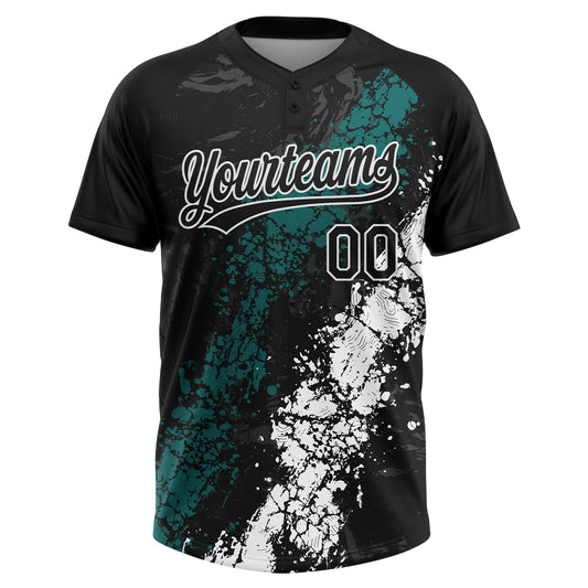 Maxcorners Custom Black Teal-White Dripping Splatter Cracked Texture Two-Button Unisex Softball Jersey LM2605
