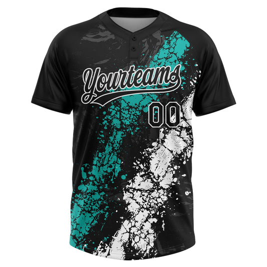 Maxcorners Custom Black Aqua-White Dripping Splatter Cracked Texture Two-Button Unisex Softball Jersey LM2605
