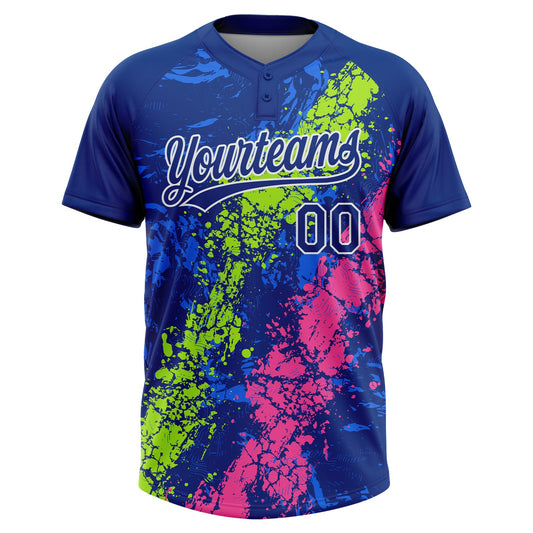 Maxcorners Custom Royal Neon Green Pink-White Dripping Splatter Cracked Texture Two-Button Unisex Softball Jersey LM2605
