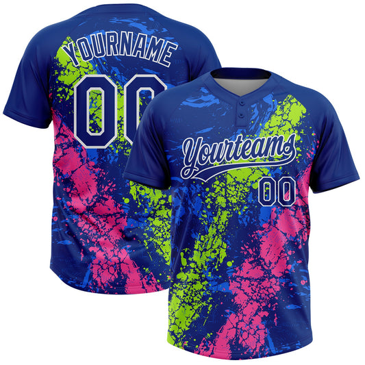 Maxcorners Custom Royal Neon Green Pink-White Dripping Splatter Cracked Texture Two-Button Unisex Softball Jersey LM2605