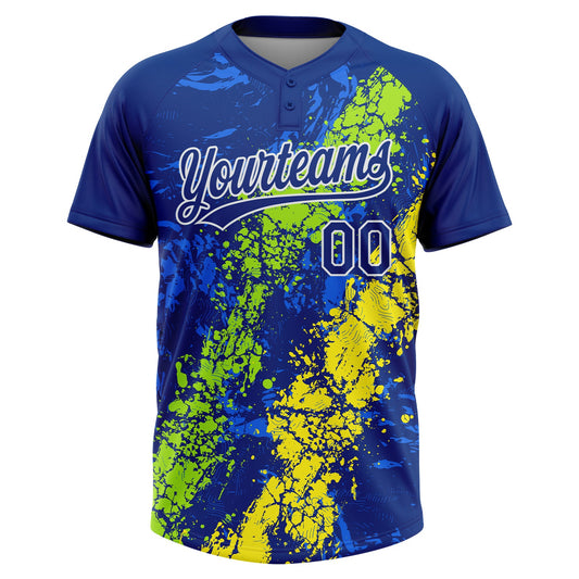 Maxcorners Custom Royal Neon Green Light Yellow-White Dripping Splatter Cracked Texture Two-Button Unisex Softball Jersey LM2605