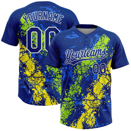 Maxcorners Custom Royal Neon Green Light Yellow-White Dripping Splatter Cracked Texture Two-Button Unisex Softball Jersey LM2605
