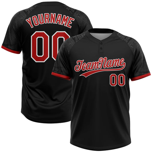 Maxcorners Custom Black Red-White Ethnic Aztec Mexican Heritage Two-Button Unisex Softball Jersey LM2605