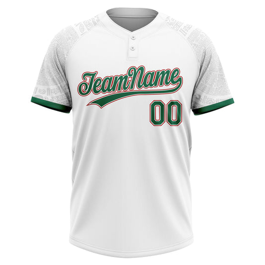 Maxcorners Custom White Kelly Green-Red Ethnic Aztec Mexican Heritage Two-Button Unisex Softball Jersey LM2605