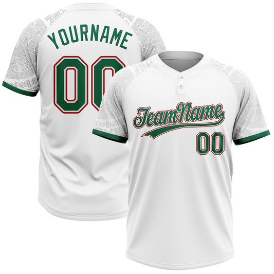 Maxcorners Custom White Kelly Green-Red Ethnic Aztec Mexican Heritage Two-Button Unisex Softball Jersey LM2605