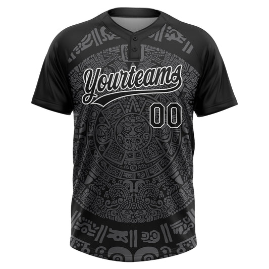 Maxcorners Custom Black Steel Gray-White Ethnic Aztec Mexican Heritage Two-Button Unisex Softball Jersey LM2605