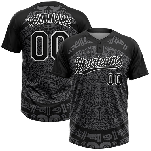 Maxcorners Custom Black Steel Gray-White Ethnic Aztec Mexican Heritage Two-Button Unisex Softball Jersey LM2605