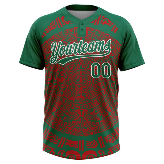 Maxcorners Custom Kelly Green Red-White Ethnic Aztec Mexican Heritage Two-Button Unisex Softball Jersey LM2605