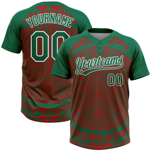 Maxcorners Custom Kelly Green Red-White Ethnic Aztec Mexican Heritage Two-Button Unisex Softball Jersey LM2605