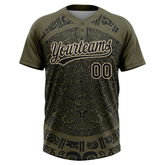 Maxcorners Custom Olive Black-Cream Ethnic Aztec Mexican Heritage Two-Button Unisex Softball Jersey LM2605