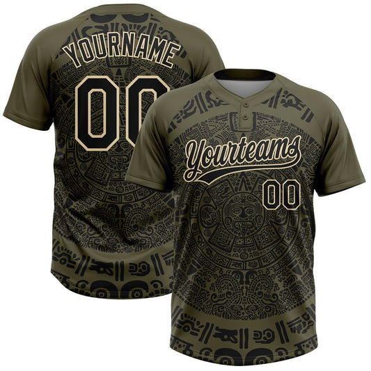 Maxcorners Custom Olive Black-Cream Ethnic Aztec Mexican Heritage Two-Button Unisex Softball Jersey LM2605