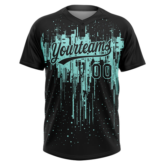Maxcorners Custom Black Ice Blue Dripping Splatter Paint Two-Button Unisex Softball Jersey LM2605