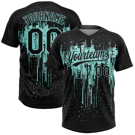 Maxcorners Custom Black Ice Blue Dripping Splatter Paint Two-Button Unisex Softball Jersey LM2605