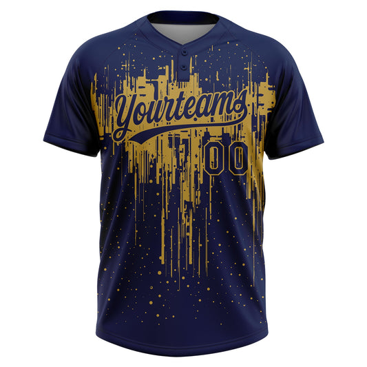 Maxcorners Custom Navy Old Gold Dripping Splatter Paint Two-Button Unisex Softball Jersey LM2605