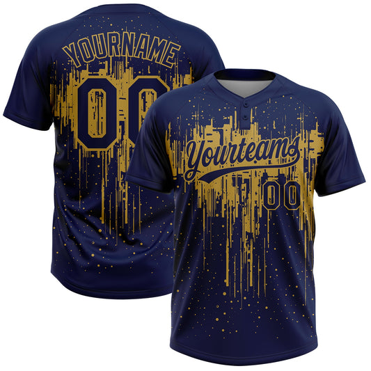 Maxcorners Custom Navy Old Gold Dripping Splatter Paint Two-Button Unisex Softball Jersey LM2605