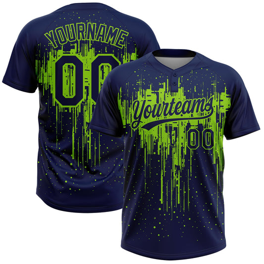 Maxcorners Custom Navy Neon Green Dripping Splatter Paint Two-Button Unisex Softball Jersey LM2605