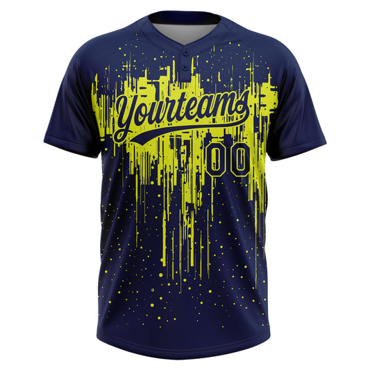 Maxcorners Custom Navy Neon Yellow Dripping Splatter Paint Two-Button Unisex Softball Jersey LM2605
