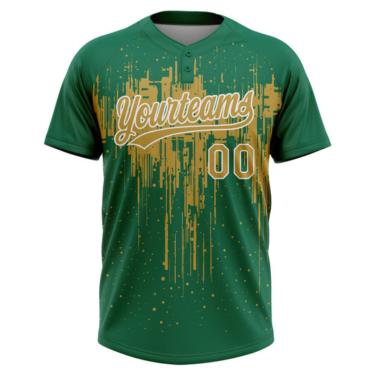 Maxcorners Custom Kelly Green Old Gold-White Dripping Splatter Paint Two-Button Unisex Softball Jersey LM2605