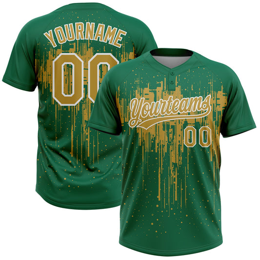 Maxcorners Custom Kelly Green Old Gold-White Dripping Splatter Paint Two-Button Unisex Softball Jersey LM2605