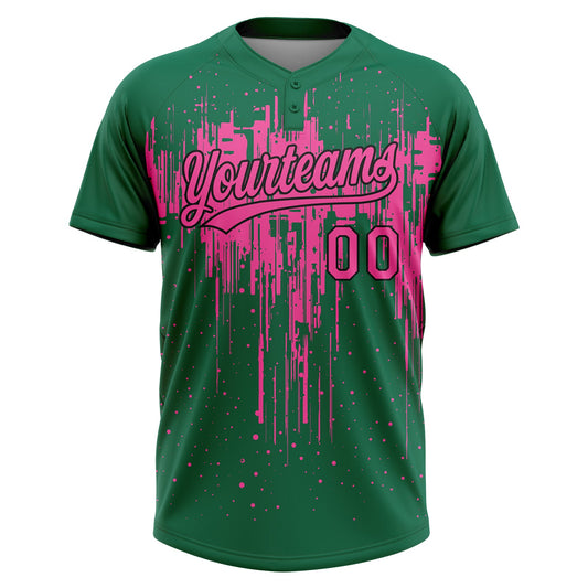 Maxcorners Custom Kelly Green Pink-Black Dripping Splatter Paint Two-Button Unisex Softball Jersey LM2605